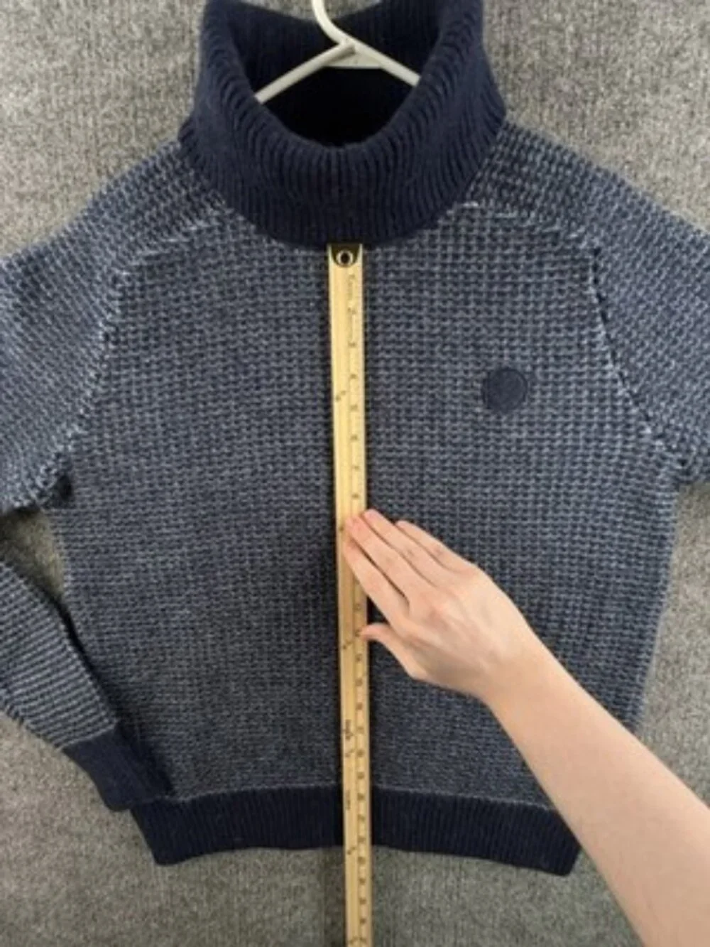 Fred Perry Thick Waffle Knit Turtleneck Sweater Large Logo Blue Wool Pullover